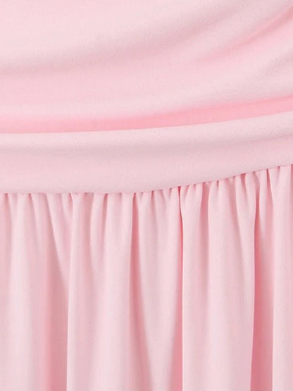 Strapless Ruched Bodice Pleated Flowy Maxi Dress