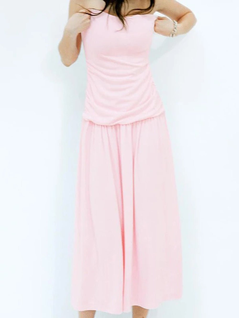 Strapless Ruched Bodice Pleated Flowy Maxi Dress