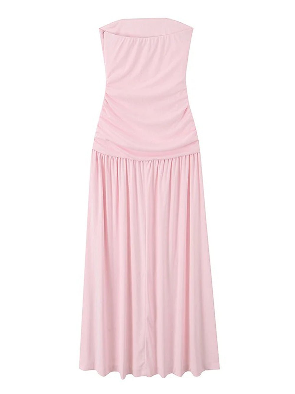 Strapless Ruched Bodice Pleated Flowy Maxi Dress