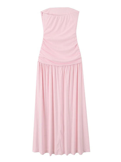 Strapless Ruched Bodice Pleated Flowy Maxi Dress