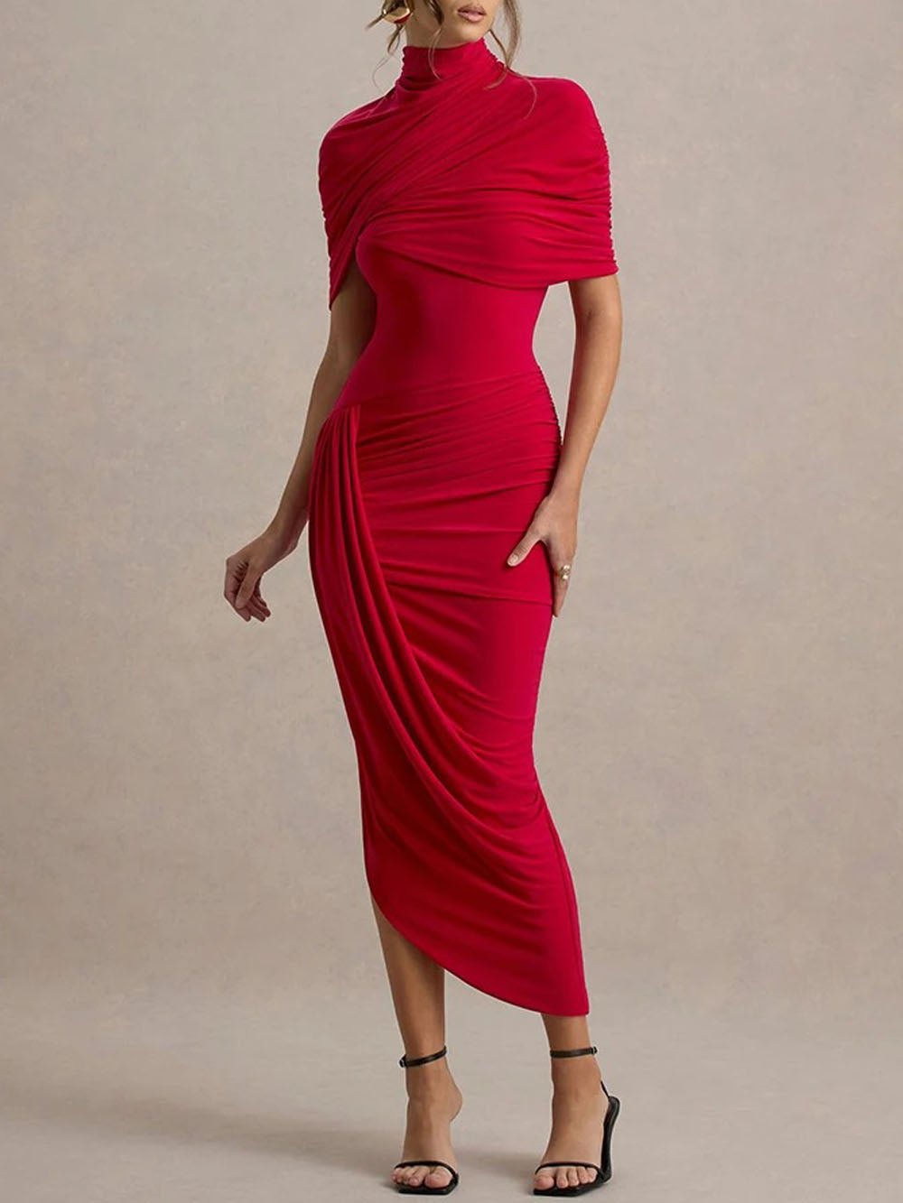 Mock Neck Draped Ruched Asymmetric Hem Midi Dress