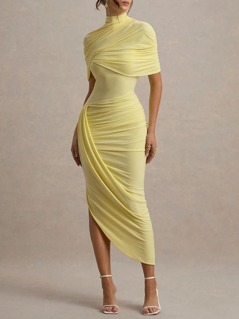 Mock Neck Draped Ruched Asymmetric Hem Midi Dress