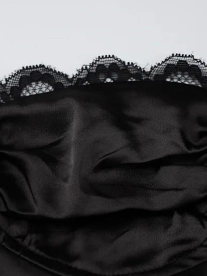 Satin Lace-Trim Sweetheart Ruched Tie-Front Side-Slit Spaghetti Strap Mini Dress
