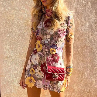 Embroidered Slimming Lace Three-Dimensional Flower Mini Floral Dress