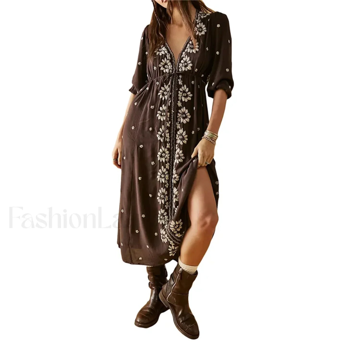Embroidered Tie-Waist Boho Dress