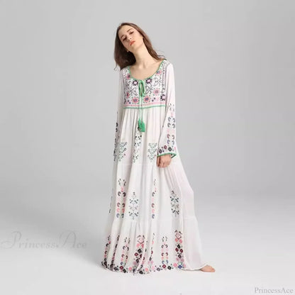 Embroidery Floral Long-sleeved Gypsy Maxi Boho Dress
