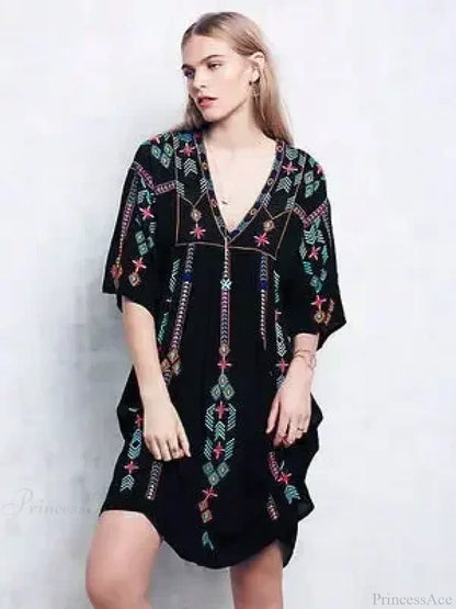 Embroidery Loose V-neck Black Elegant Boho Dress
