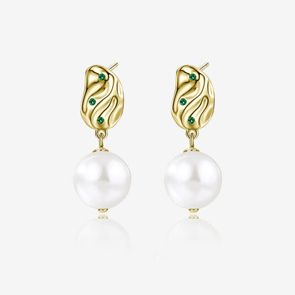 Emerald CZ Hammered Baroque Pearl Drop Earrings