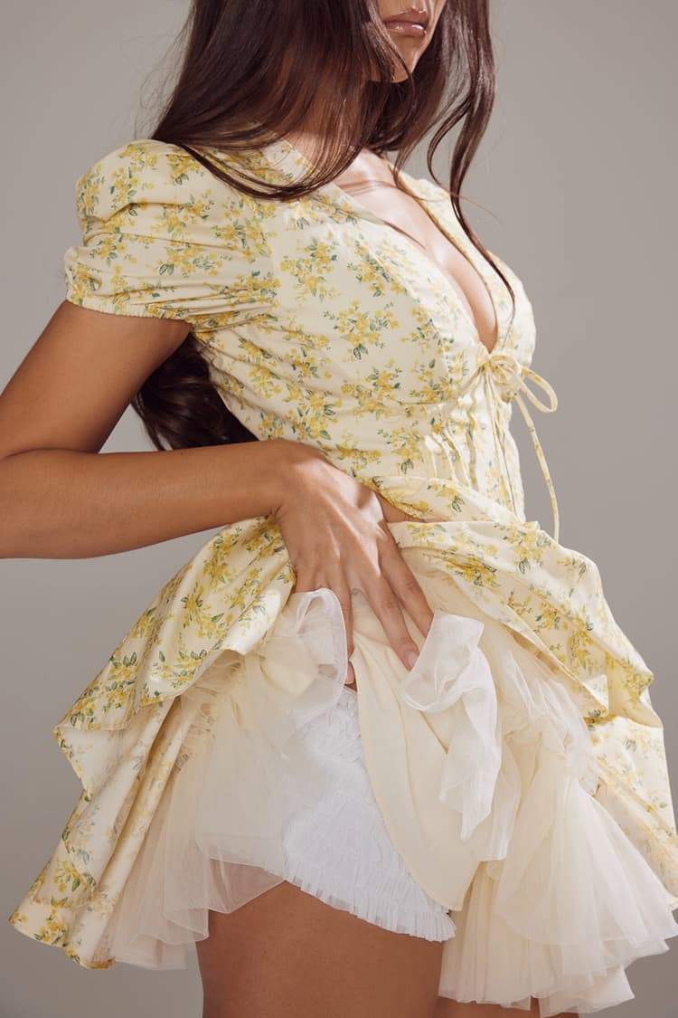 Ditsy Floral Corset Tie-Front Puff Sleeve Tiered Tulle Mini Dress