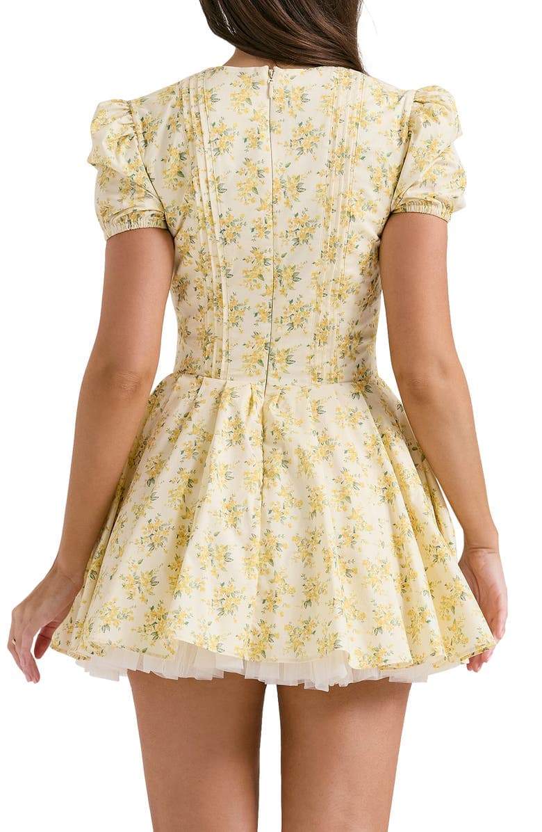 Ditsy Floral Corset Tie-Front Puff Sleeve Tiered Tulle Mini Dress