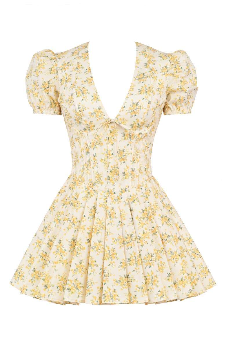 Ditsy Floral Corset Tie-Front Puff Sleeve Tiered Tulle Mini Dress