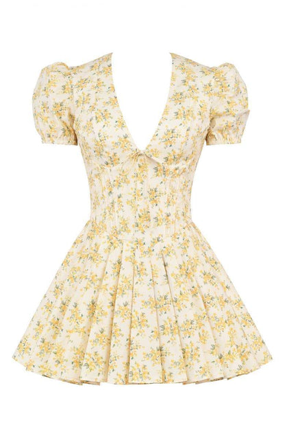 Ditsy Floral Corset Tie-Front Puff Sleeve Tiered Tulle Mini Dress