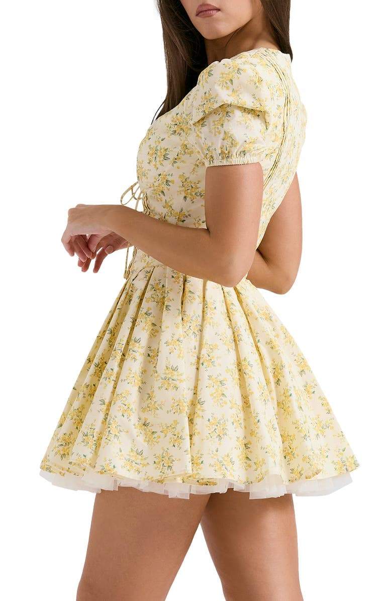 Ditsy Floral Corset Tie-Front Puff Sleeve Tiered Tulle Mini Dress