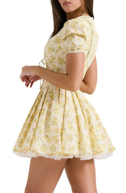 Ditsy Floral Corset Tie-Front Puff Sleeve Tiered Tulle Mini Dress
