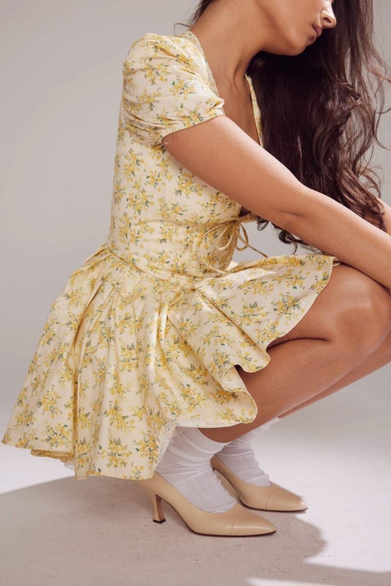 Ditsy Floral Corset Tie-Front Puff Sleeve Tiered Tulle Mini Dress