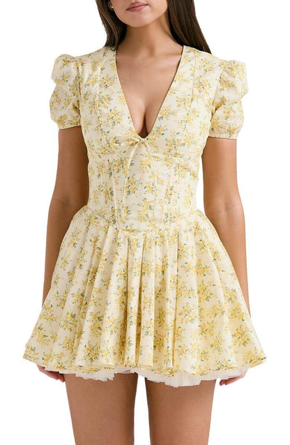 Ditsy Floral Corset Tie-Front Puff Sleeve Tiered Tulle Mini Dress