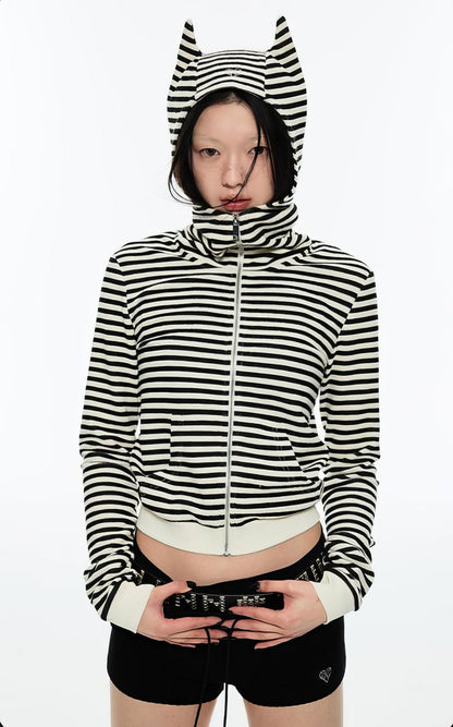 Striped Cat Ear Zip Hoodie