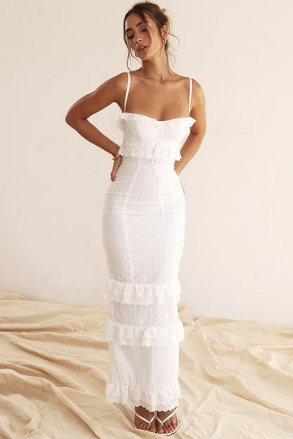 Eyelet Lace Sweetheart Bustier Peplum Drawstring Waist Bodycon Midi Dress