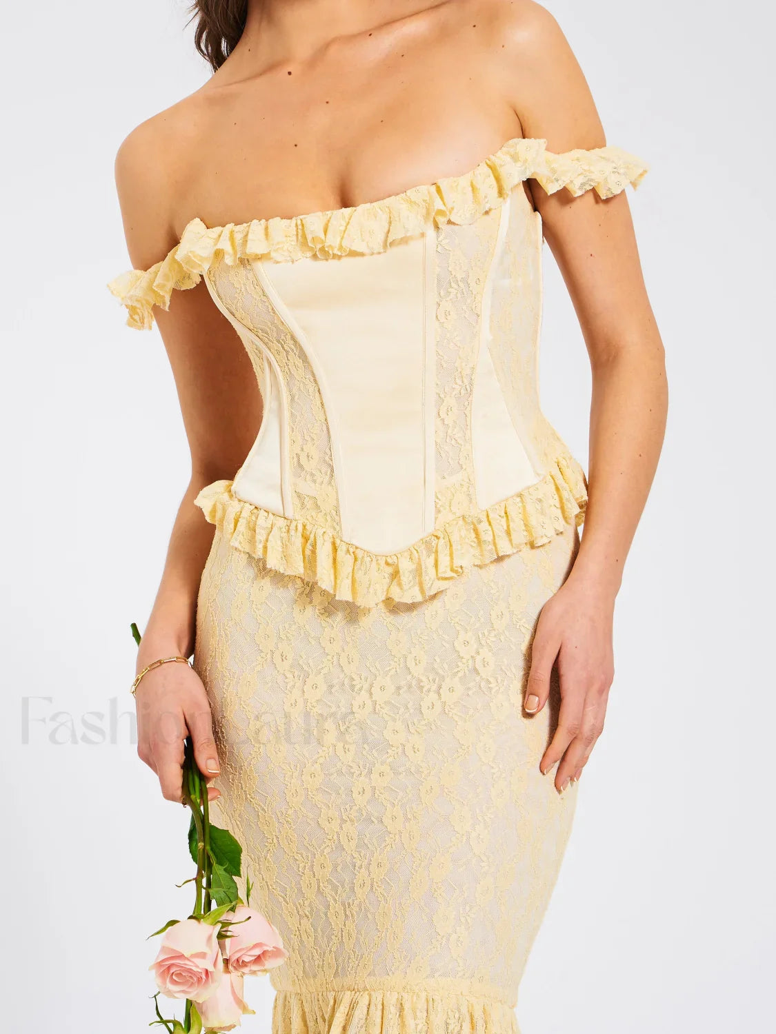 Ersilia Pale Yellow Satin Lace Trendy Peplum Corset Off Shoulder Maxi Dress