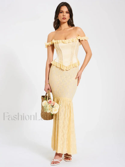 Ersilia Pale Yellow Satin Lace Trendy Peplum Corset Off Shoulder Maxi Dress
