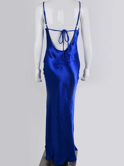 Satin Cowl Neck Halter Backless Slip Maxi Dress