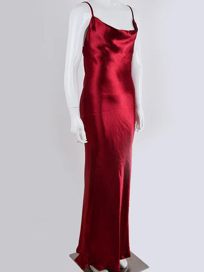 Satin Cowl Neck Halter Backless Slip Maxi Dress