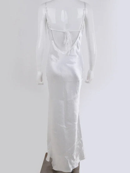 Satin Cowl Neck Halter Backless Slip Maxi Dress