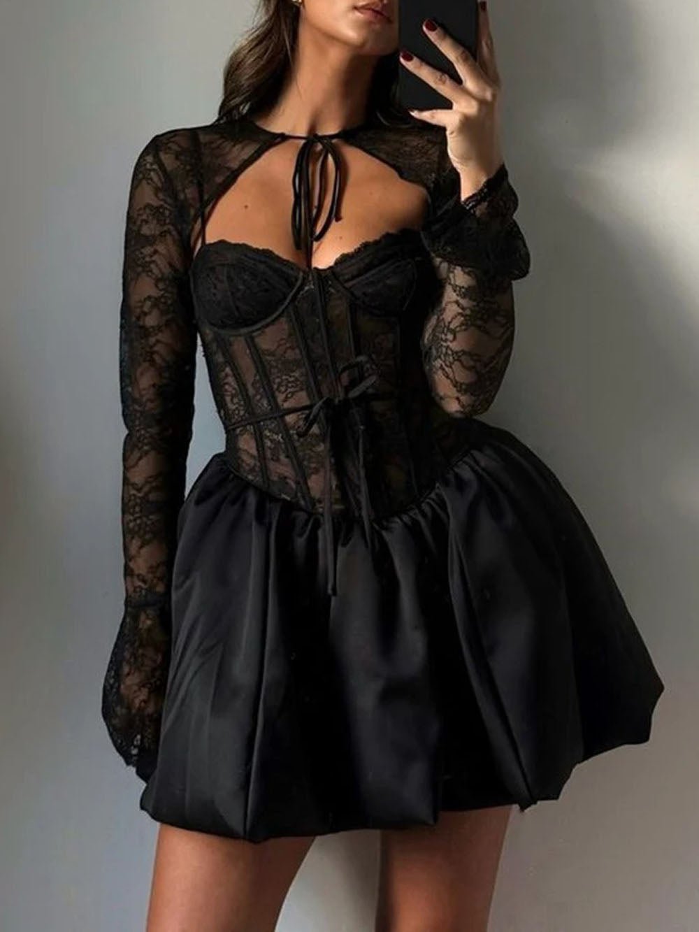 Lace Corset Bell Sleeve Bolero Satin Bubble Hem Mini Skirt Set