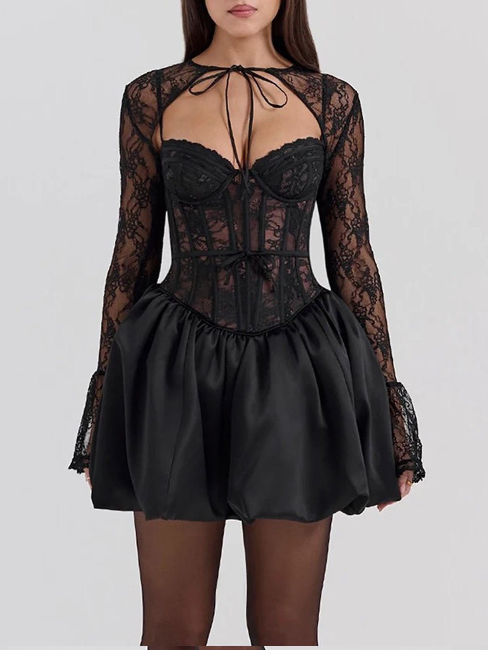 Lace Corset Bell Sleeve Bolero Satin Bubble Hem Mini Skirt Set