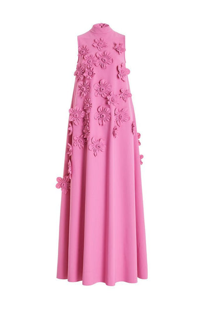 Three-Dimensional Floral Appliqué Mock Neck Sleeveless Shift Maxi Dress