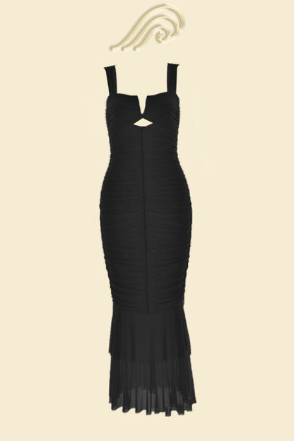 Ruched Mesh Sweetheart Cutout Mermaid Tiered Flounce Hem Midi Dress