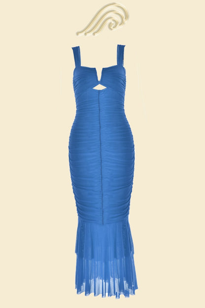 Ruched Mesh Sweetheart Cutout Mermaid Tiered Flounce Hem Midi Dress