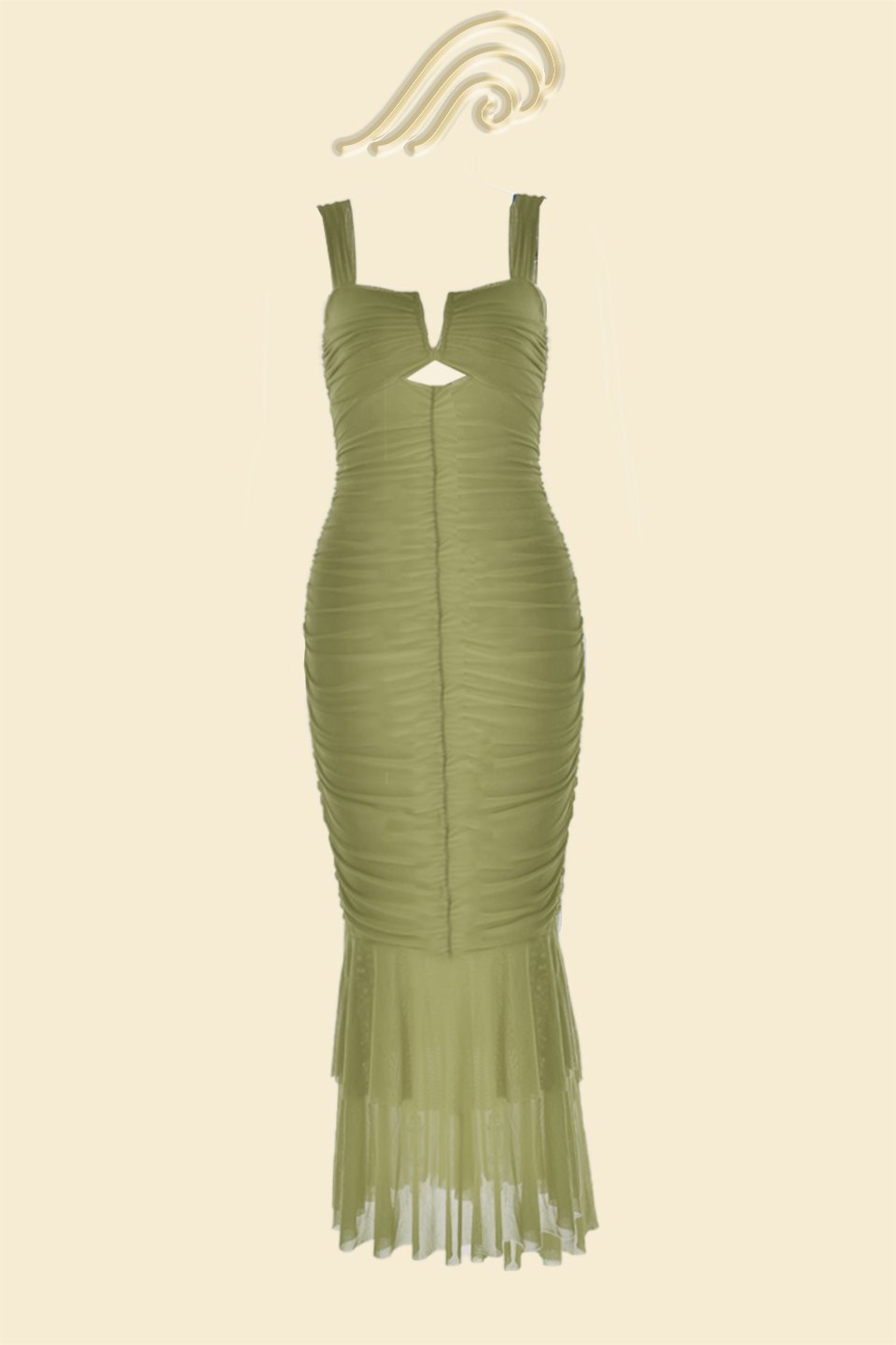 Ruched Mesh Sweetheart Cutout Mermaid Tiered Flounce Hem Midi Dress