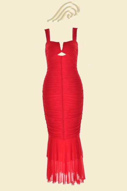 Ruched Mesh Sweetheart Cutout Mermaid Tiered Flounce Hem Midi Dress