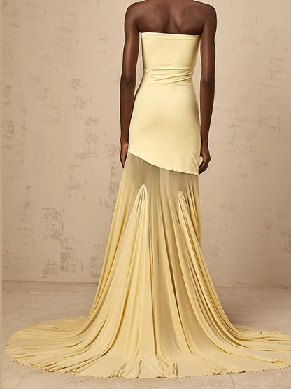 Strapless Tube Bodice Mesh Panel Trumpet Maxi Gown