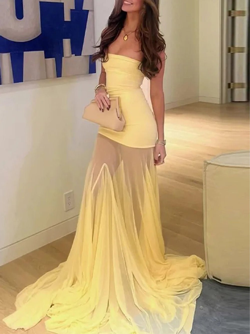 Strapless Tube Bodice Mesh Panel Trumpet Maxi Gown