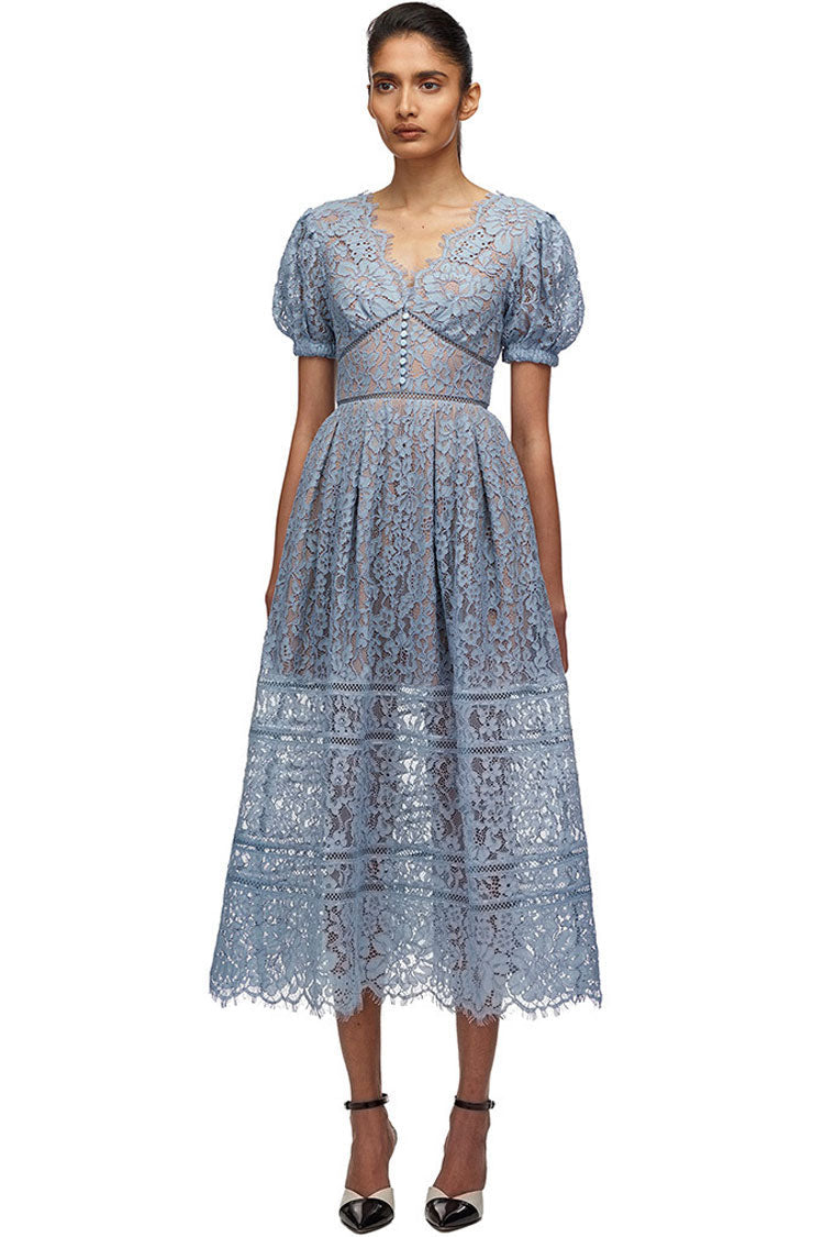 Eyelash Lace V-Neck Puff Sleeve Button-Front Ladder Insert A-Line Midi Dress