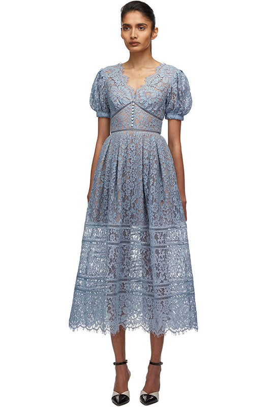 Eyelash Lace V-Neck Puff Sleeve Button-Front Ladder Insert A-Line Midi Dress