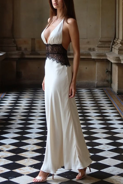 Seductive Details Satin Lace Waist Halter Tie-up Backless Maxi Dress