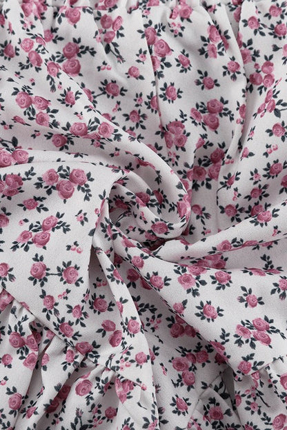 Long Sleeve Floral Collar Flip Shirt Ruffled Shorts Two Piece Set