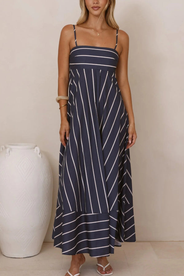 Striped Print Square Neck Spaghetti Strap High Waist Casual Maxi Dress
