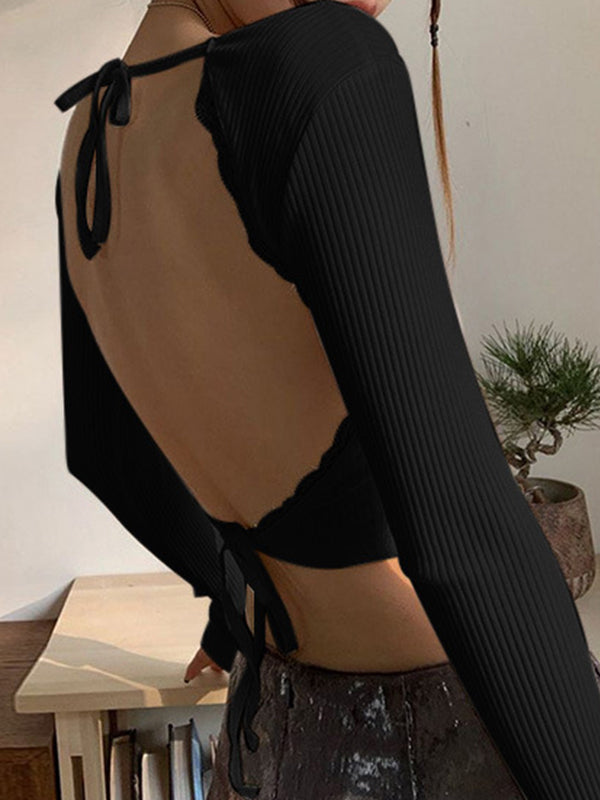 Lace Up Backless Crop Knit Top