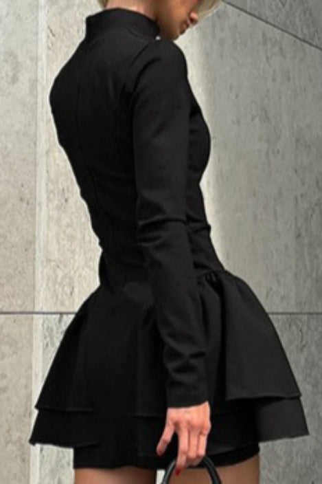 Mock Neck Long Sleeve Tiered Ruffle Hem Mini Dress