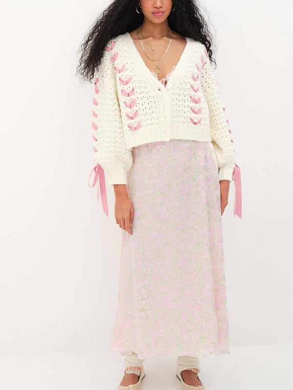 Cutout V Neck Lace Up Loose Short Knit Cardigan