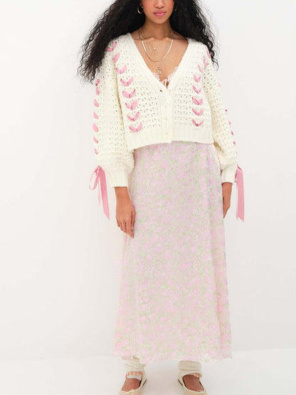 Cutout V Neck Lace Up Loose Short Knit Cardigan
