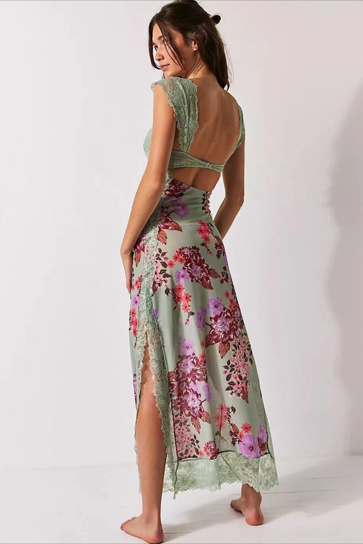 Lace Sweetheart Bodice Cut Out Flutter Sleeve Floral Print Slip Maxi Dress