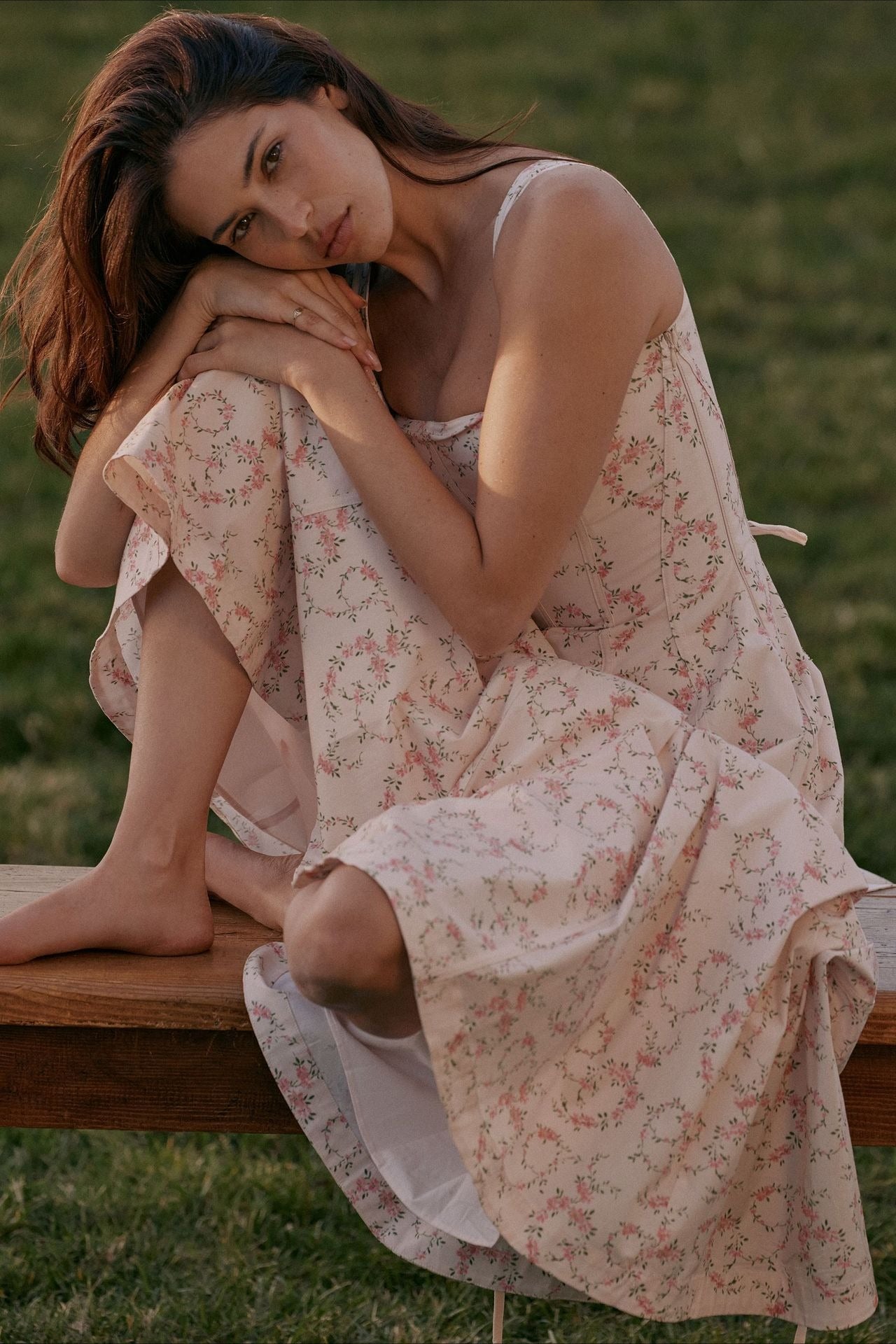 Square Neck Corset Bodice Floral Print Pocket Midi Dress