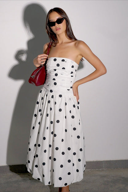 Polka Dot Strapless Ruched Bodice Pleated Midi Dress