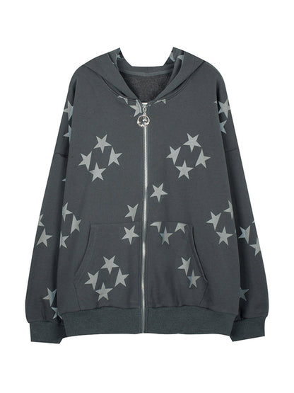 Oversized Star Print Zip Up Hoodie