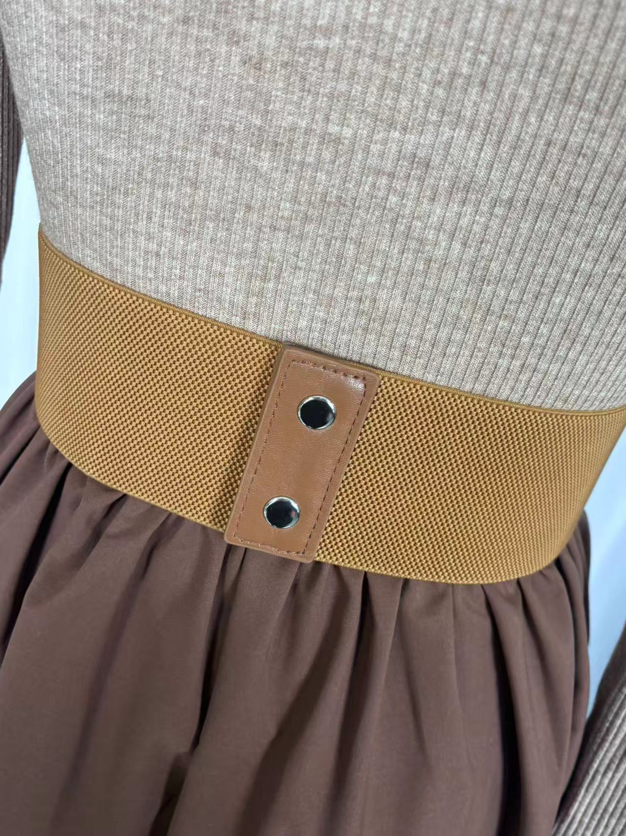 Half Zip Ribbed Knit Patchwork Belted Long Sleeve A-Line Maxi Dress For Women 2026